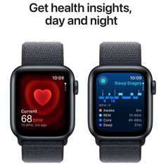 an advertisement for the apple watch series with two watches on each side and text that reads get health nights, day and night