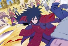 an anime character with black hair and blue eyes is holding his arms out in the air