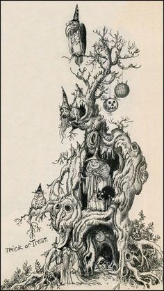 an old drawing of a tree with skulls and other things on it's branches