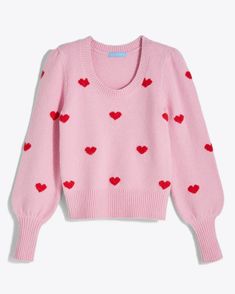 Puff Sleeve Sweater in Pink Hearts – Draper James Valentine Sweater, Tiny Teddies, Baby Frock Pattern, Crochet Romper, Frock Patterns, Maxi Outfits, Heart Clothes, Puff Sleeve Sweater, Cropped Pullover