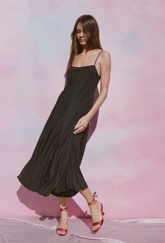 Ciao Lucia | Cristina Dress Matte Black Spring Rayon Dresses With Bias Cut, Spring Dresses In Rayon With Bias Cut, Spring Rayon Bias Cut Dresses, Spring Bias Cut Rayon Dresses, Summer Satin Dress With Spaghetti Straps, Summer Viscose Maxi Dress With Bias Cut, Black Bias Cut Maxi Slip Dress, Satin Dress With Spaghetti Straps For Summer, Summer Satin A-line Midi Dress