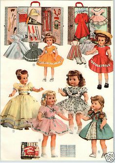 vintage doll clothes for girls and boys from the 1950's, including dresses, hats, shoes