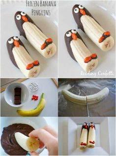 four pictures showing how to make an ice cream banana with chocolate and bananas in the shape of penguins