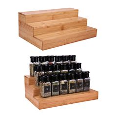 two wooden shelves with spices and seasonings on them