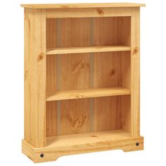 a wooden bookcase with three shelves on each side