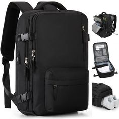 the back pack is black and has multiple compartments for items to be packed into it