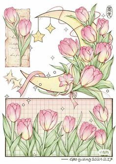 a drawing of pink flowers and a crescent