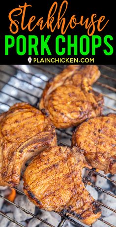 steaks cooking on the grill with text overlay that reads steakhouse pork chops