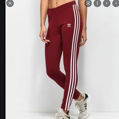 Adidas Women's Small Maroon, White 3-Stripe Active Leggings 93% Cotton 7% Spandex New With No Tags - Never Worn Excellent Condition Red Athleisure Leggings For Spring, Fitted Three Stripes Leggings For Spring, Fitted Pants With Three Stripes For Spring, Fitted Three Stripes Pants For Spring, Casual Fitted Leggings With Three Stripes, Adidas Red Bottoms For Spring, Red Adidas Bottoms For Spring, Casual Three Stripes Leggings For Spring, Fitted Adidas Bottoms With Side Stripes