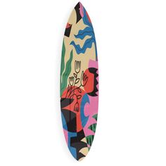 a surfboard with an abstract painting on the front and back end, against a white background