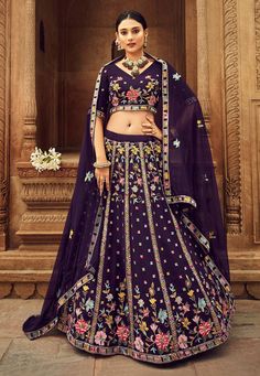 Georgette circular lehenga choli in Purple colour 2215  Desc:  Style : Circular Lehenga Choli Color : Purple Fabric : Georgette Work : Embroidery   Sequence Wash Care : Dry clean Sleeve Style : Half Sleeve Long Sleeves : Done only in Custom Stitch Sleeves Lining : Done only in Custom Stitch Bust Size : 32 to 42 Inches Occasion : Festival   Diwali   Eid   Ceremonial   Baby Shower   Ganesh Charturthi. With Express Free Shipping and Custom Stitching, Buy Indian Party wedding wear bridal Lehenga Geo Telugu Culture, Green Lehenga Choli, Purple Lehenga, Chic Prom Dresses, Indian Wedding Lehenga, Georgette Lehenga, Party Wear Lehenga Choli, Georgette Dupatta, Green Lehenga