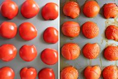 tomatoes are being peeled and placed on a baking sheet before and after they have been cooked