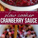 cranberry sauce in a white bowl with chopsticks next to it and the title overlay reads slow cooker cranberry sauce