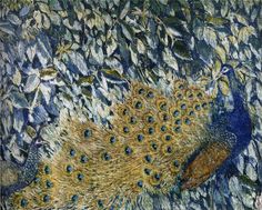 a painting of a peacock surrounded by leaves