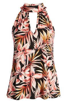 Amp up your day-to-night look in a jersey mock-neck halter top featuring an alluring cutout and a pretty palm print. 25" length Mock neck Sleeveless, with cutaway shoulders 95% rayon, 5% spandex Machine wash, dry flat Imported Tropical Print Sleeveless Halter Top, Beachwear V-neck Tops With Tropical Print, Summer High Neck Halter Top For Beach, Stretch Printed Tops For Beachwear, Fitted Tropical V-neck Top, Stretch Racerback Tops For Vacation, Black Printed Beachwear Top, Stretch Halter Neck Beachwear Tops, Beachwear Racerback Tops For Vacation