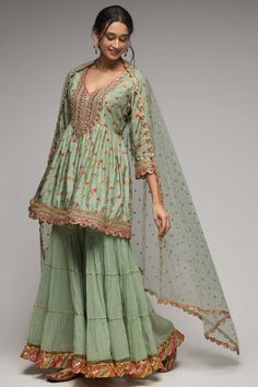 Gopi Vaid | Mint Green Kurta And Palazzo | INDIASPOPUP.COM Peplum Sharara, Silk Sharara, Sharara Pants, Kurti Style, Set Saree, Embroidery Detailing, Sharara Set