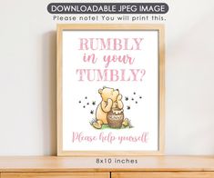 a wooden shelf with a sign on it that says, rumbly in your tumbly? please help yourself