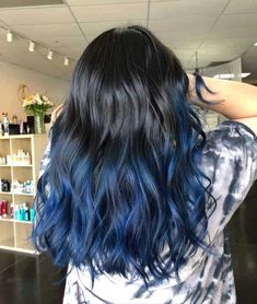 Blue Ombre On Black Hair, Blue Hair Color On Black Hair, Blue Tips On Black Hair, Back And Blue Hair, Hair Tip Highlights, Black Into Blue Hair, Black Hair Dyed Blue, Blue Hair Color Ideas For Black Hair, Black Hair Blue Ombre