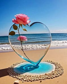 a heart shaped vase sitting on top of a sandy beach next to the ocean with pink roses in it