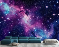 a living room filled with furniture and stars in the sky wallpaper mural decal