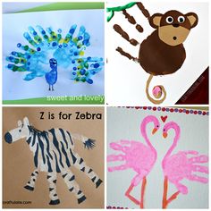 four different pictures with animals, zebras, and handprints on them that say z is for zebra