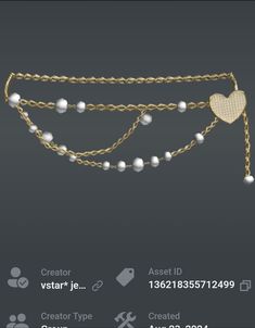 a gold chain with white pearls and a heart on the end is shown in this screenshot