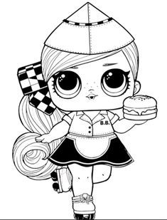 a cartoon girl holding a donut in one hand and a checkered hat on her head