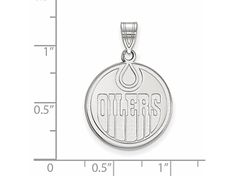 Rhodium over sterling silver polished NHL Licensed, large pendant with Edmonton Oilers team logo from LogoArt. Measures approximately 0.75"L x 0.71"W. Silver Round Jewelry With Engraved Logo, Silver Jewelry With Engraved Logo, Silver Jewelry With Engraved Logo For Gift, Edmonton Oilers, Team Logo, Nhl, Sterling Silver, Pendant, Silver