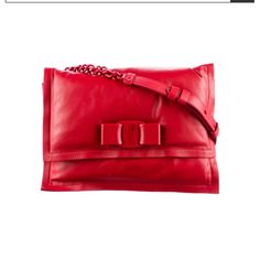 Brenda New Ferragamo Red Viva Leather Shoulder Bag. Red Calf Leather Bag With Detachable Strap, Red Calf Leather Shopping Bag, Luxury Red Bags With Leather Lining, Red Calf Leather Bag For Shopping, Designer Red Textured Leather Bag, Red Calf Leather Bag With Soft Finish, Red Calf Leather Bag With Soft Texture, Luxury Red Clutch Bag, Chic Red Textured Leather Bag