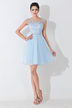 Sleeveless Tulle Mini Dress For Prom Season, Blue Sleeveless Mesh Dress For Spring, Sleeveless Mini Dress With Sheer Bodice For Summer, Blue Sleeveless Summer Mesh Dress, Sleeveless Mini Dress For Homecoming, Sleeveless Dress With Sheer Bodice For Spring, Spring Sleeveless Dress With Sheer Bodice, Spring Cocktail Sleeveless Mesh Dress, Summer Prom Dress With Illusion Neckline