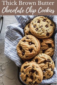 the best brown butter chocolate chip cookies on a blue and white checkered cloth with text overlay