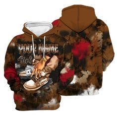 Brand Dunkare Archaeo Brown 5s Varsity Jacket SNEAKER Girl Money Drip Tie Dye All Over Print Unisex Hoodie Sporty Graffiti Print Hoodie For Fall, Sporty Hoodie With Graffiti Print For Fall, Sporty Fall Hoodie With Graffiti Print, Casual Graffiti Print Hoodie For Fall, Casual Sweatshirt With Graffiti Print For Fall, Girl Money, Girls Sneakers, Custom Name, All Over Print