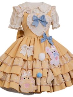 ❤︎Doll puff sleeve shirt + bare cheese tiered Lolita dress❤︎           Units dress length bust waist   S 79 82-92 68-78   M 81 89-96 72-82   L 83 90-100 76-86 Magical Girl Outfit, Puff Sleeve Shirt, Cheese Cloth, Orange Dress, Magical Girl, Yellow Dress, Cute Dresses