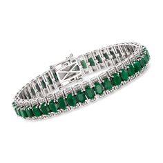 Ross-Simons - 30.00 ct. t. w. Emerald Tennis Bracelet in Sterling Silver. Size 7. Indulge in the high-energy hue of emeralds with our pretty tennis bracelet. Right in line with the color trends of today, it sparkles with 30.00 ct. t. w. oval emeralds in gorgeous sterling silver settings, making it the perfect style to dress up any look. Double-latch safety. Box clasp, sapphire tennis bracelet. Emerald birthstones are the perfect gift for May birthdays. Elegant Green Sterling Silver Jubilee Bracelet, Classic Emerald Tennis Bracelet With Jubilee Style, Classic Emerald Bracelets For Formal Occasions, Green Bangle Tennis Bracelet For Anniversary, Classic Green Tennis Bracelet For Anniversary, Green Bangle Tennis Bracelet For Formal Occasions, Classic Formal Emerald Bracelets, Green Formal Tennis Bangle Bracelet, Classic Green Gemstone Bracelets