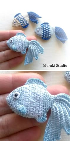 crocheted toy fish in the palm of someone's hand and another photo of them