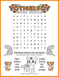 an orange and white tiger word search page with words in the middle, including two tigers