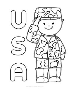 the letter u is for soldier coloring page with an image of a boy in camouflage