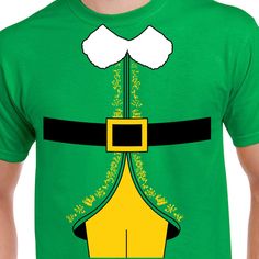 a man wearing a green t - shirt with a santa hat on it's chest