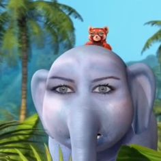 an elephant with a bear on top of it's head in front of palm trees