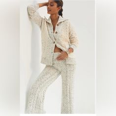 This Matching Set Features A Cozy Knit Finish That Marries Style And Comfort With Ease. Its The Perfect Pick For Weekends Spent Lounging In The Garden Or Errand-Running Around Town. * Set Includes Buttondown Cardigan And Pull-On Pants * 51% Cotton, 35% Polyester, 5% Nylon, 5% Wool, 3% Acrylic, 1% Elastane * Wide-Leg Silhouette * Hand Wash * Imported ** Never Worn, Still Has Original Tags And In Original Bag Only Removed For Photos. Wanted To Wear This So Badly This Winter, However The Size Is No Anthropologie Kimono, Crochet Kimono, Linen Romper, Cuddl Duds, Printed Shirt Dress, Anorak Jacket, Cozy Knit, Short Pajama Set, Knit Pants