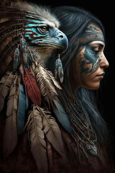 a native american woman with feathers on her head and an eagle's headdress