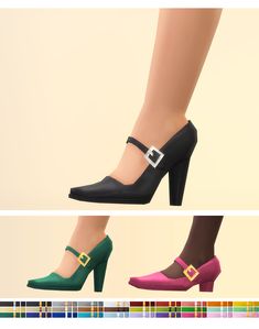 two pairs of high heeled shoes with buckles on each side, one in green and the other in pink