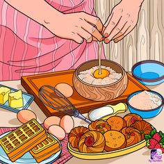 a person is preparing food on a table with eggs, pancakes and other items to eat