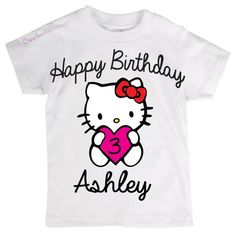 a white hello kitty birthday shirt with the words happy birthday asley on it's chest