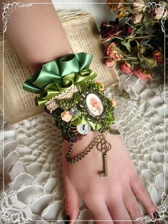 OOAK Romantic Steampunk Bracelet,Cuff - Romantic cuff - Fairy-tale jewelry - Shabby Chic - "Woodland Honey" on Etsy, $49.00 Shabby Chic Green, Lace Cuff Bracelet, Steampunk Bracelet, Steam Punk Jewelry, Fabric Bracelets, Steampunk Diy, Fabric Cuff, Wrist Corsage