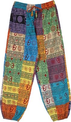 A cool pair of colorful Om script printed cotton harem style pants, loose free flowing fit unisex summer pants are an ideal choice for a fun hippie party or yoga classes. These patchwork pants feature two side pockets and a back pocket, closed elastic at the ankles and an elastic waist with a drawstring for a perfect and comfortable fit. #tlb #Patchwork #vacationclothing #beachwrap #Printed #unisexhippiepants #omprintunisexpants #omprintyogapants #omprintharempants #ompantswithpockets Hippie Trousers, Bridesmaids Outfits, Looks Hippie, Hippie Shoes, Colorful Pants, Patchwork Pants, Hippie Party, Estilo Hippy, Hippie Clothes