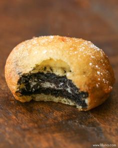 an oreo cookie is cut in half on a table