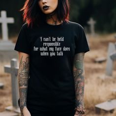 Gothic Funny Quote Halloween Shirt. Create a unique vibe with this spooky ghost shirt.  The funny quote printed on the front of the shirt. This T-Shirt is available in black and white. Sizes XS - 5XL. The position, colors and size of the print may differ slightly from the illustrations. ❗️❗️❗️Please be aware that the shirt is a Unisex Cut and may be oversized.  Please check the size charts to measure yourself to be sure you will receive a good sized item. SHIPPING & PRODUCTION TIME: Production T Witchy Clothes Aesthetic, Gothic Quotes, Emo Shirt, Witchy Clothes, Emo Shirts, Halloween Shirt Design, Aesthetic Emo, Gothic Shirts, Ghost Design