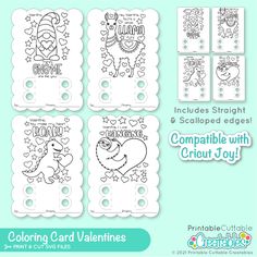 four valentine's day coloring cards with hearts and animals