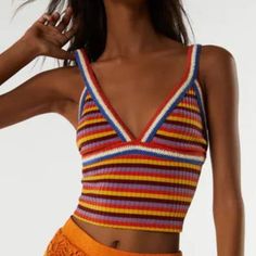 Multicolor Striped Crocheted Top V-Neck Crop Top With Spaghetti Straps. Contrasting Crocheted Appliqu. 95% Polyester 5% Elastane Multicolor V-neck Tank Top For Beach, Striped V-neck Tank Top, Striped V-neck Tank Top For Spring, Multicolor V-neck Tank Top, Multicolor V-neck Tank Top For Vacation, Orange V-neck Tank Top For Spring, Orange V-neck Tank Top For Summer, Spring Orange V-neck Tank Top, Casual Orange V-neck Crop Top